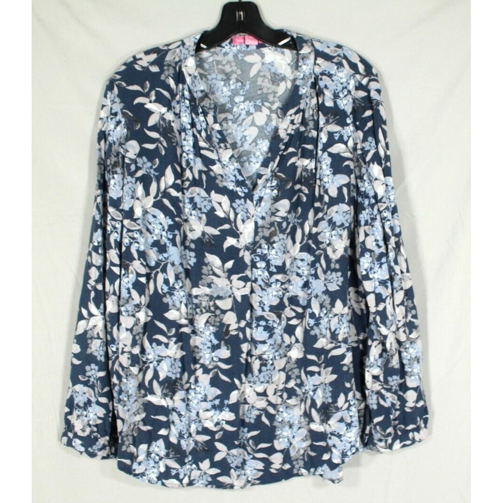 WOMAN WITHIN Light Pullover Blue/Gray FLORAL V-Neck Blouse/Tunic Top 18/20 L